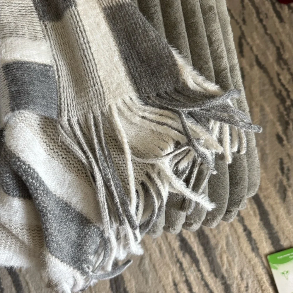 Striped Gray and Cream Knit shawl/poncho with Fringe